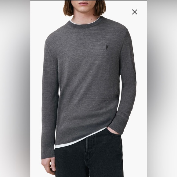 All Saints Men's Grey Merino Wool Crewneck Sweater
